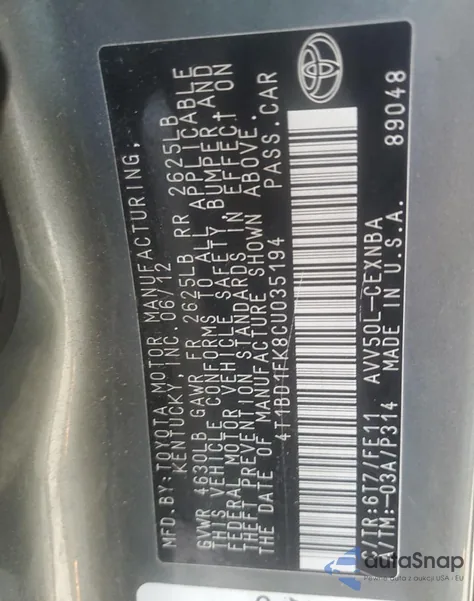 2012 Toyota Camry Hybrid from USA, damaged, VIN 4T1BD1FK8CU035194